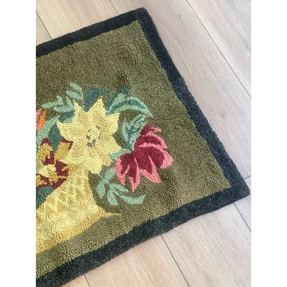 Vintage Hand Hooked Rug Floral Basket Primitive Cottagecore 21x34 Wool Accent